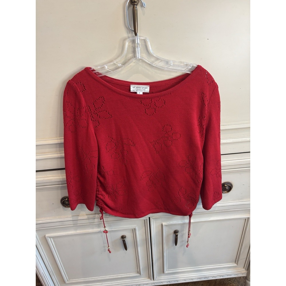 Vtg St. John‎ Cropped Red Cherry Sweater Cherry Dangle Side Ruching Small Wool